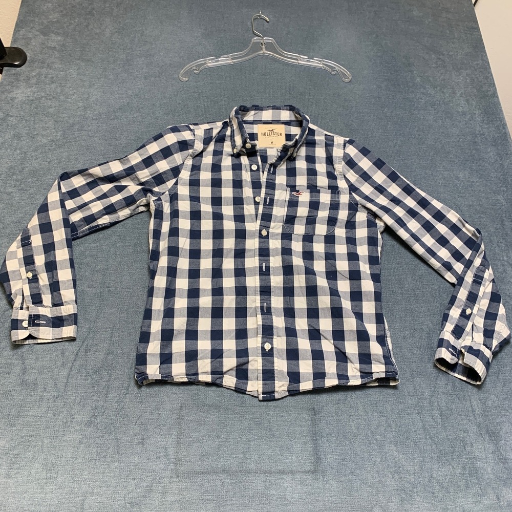 Hollister Shirt Mens Medium White Blue Check Logo Long Sleeve Casual Button Down